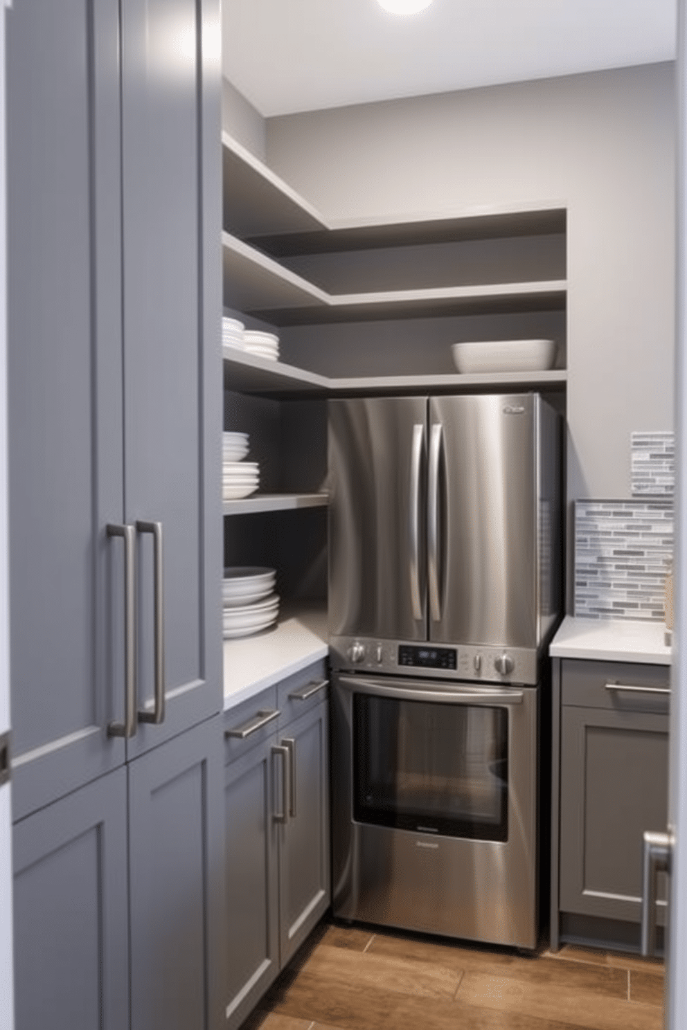 A contemporary gray pantry features sleek stainless steel appliances and minimalist shelving that maximizes storage. The walls are painted in a soft gray hue, complemented by a stylish gray tile backsplash that adds texture and depth.