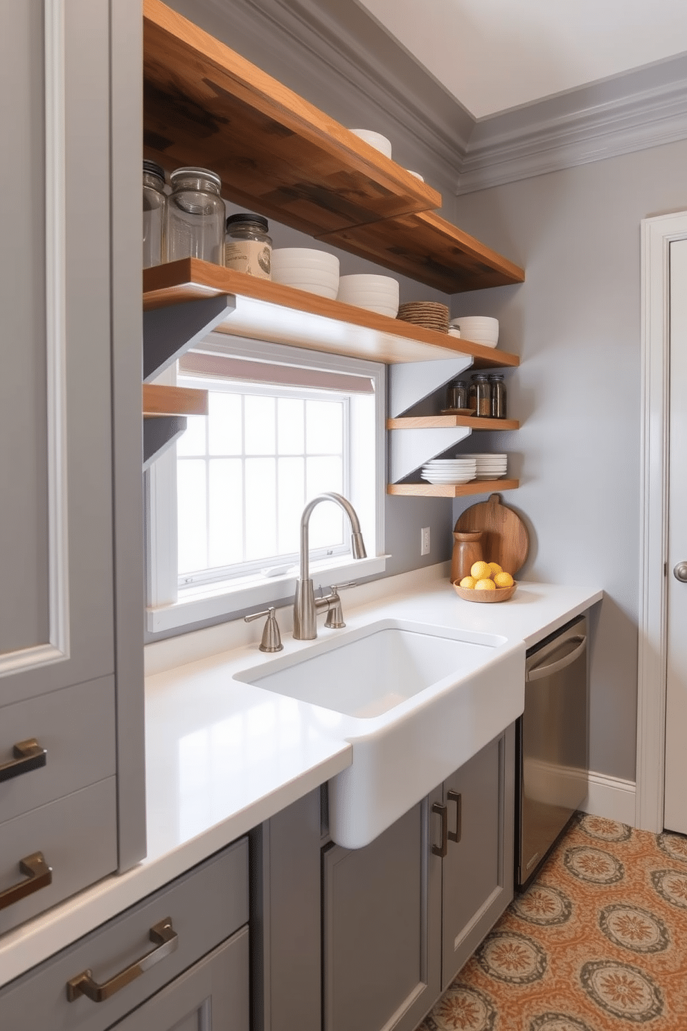 A stylish gray pantry features a spacious farmhouse sink with a brushed nickel faucet, surrounded by open shelving displaying rustic dishware and glass jars. The walls are painted in a soft gray hue, complemented by warm wood accents and a durable, patterned tile floor.