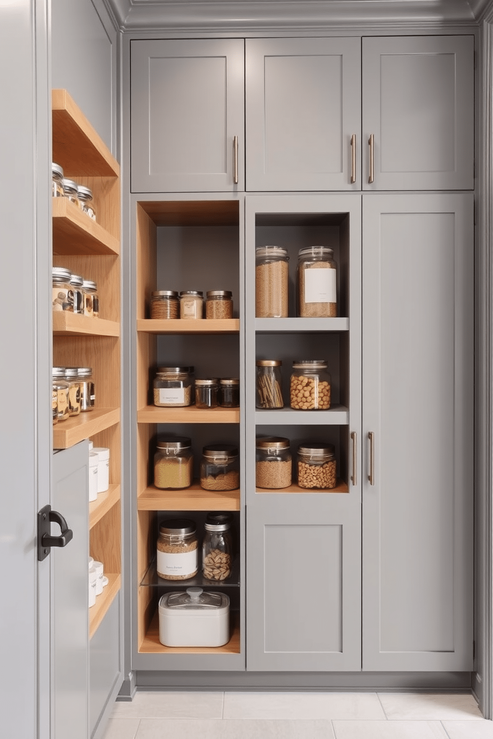 A stylish gray pantry features open compartments showcasing neatly organized jars and containers. The walls are painted in a soft gray tone, complemented by warm wood shelving that adds an inviting touch.