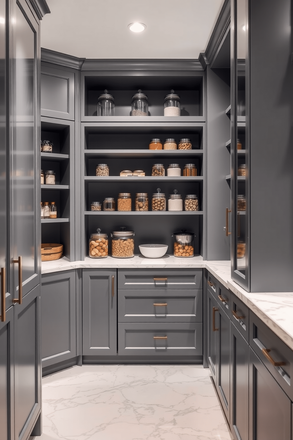 A modern pantry design featuring gray cabinetry with sleek lines, complemented by elegant marble countertops that reflect light beautifully. The space is organized with open shelving and glass jars, creating a functional yet stylish environment for food storage and preparation.