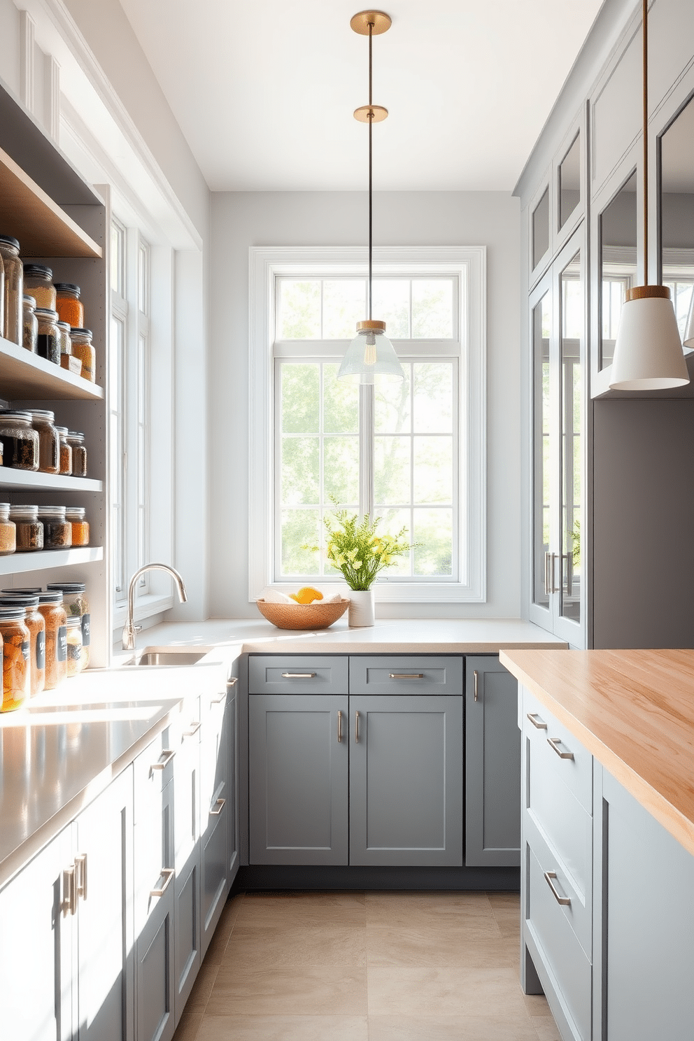 A bright gray pantry filled with ample natural light, featuring sleek gray cabinetry that complements the overall brightness of the space. Large windows allow sunlight to filter in, illuminating the open shelving stocked with neatly organized jars and containers. The pantry includes a central island with a light wood countertop, providing additional workspace and storage. Pendant lights hang above the island, adding a touch of elegance to the functional design.