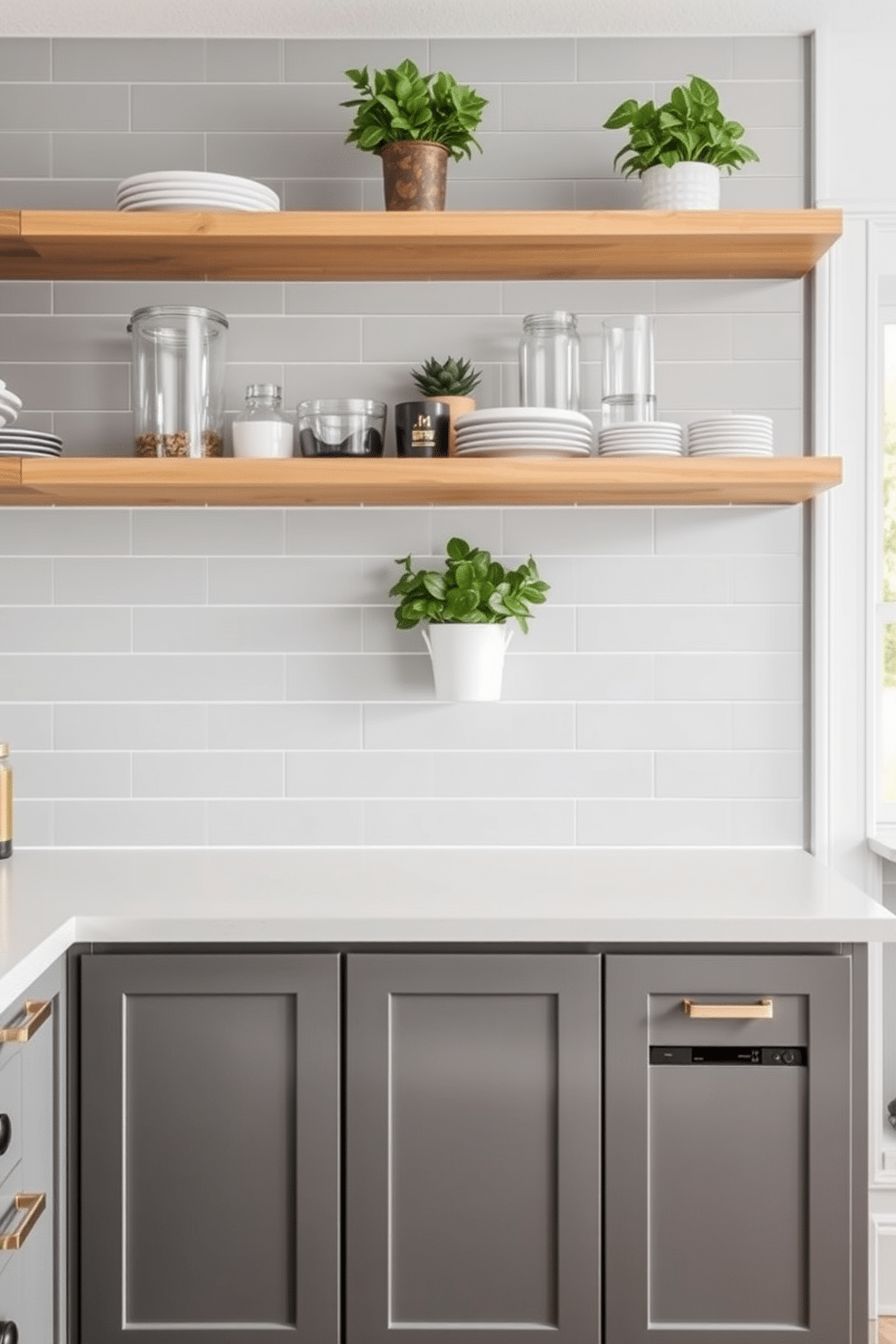 Open shelving with a gray shiplap background creates a modern yet rustic feel in the kitchen. The shelves are filled with neatly arranged dishware, glass jars, and decorative plants, enhancing the aesthetic appeal. Incorporating a gray pantry design adds a touch of sophistication to the space. The pantry features sleek cabinetry with matte finishes, complemented by stylish hardware and organized storage solutions for a clean, functional look.