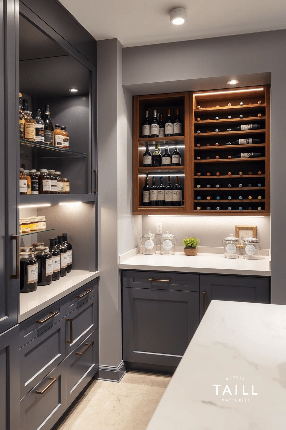 A modern gray pantry featuring built-in wine storage, showcasing sleek cabinetry and minimalist design. The space is illuminated by warm LED lighting, highlighting the organized shelves filled with gourmet ingredients and elegant wine bottles. The walls are painted in a soft gray hue, providing a calm backdrop for the rich wood accents of the wine storage unit. A stylish countertop complements the cabinetry, with decorative jars and a small herb garden adding a touch of greenery to the space.