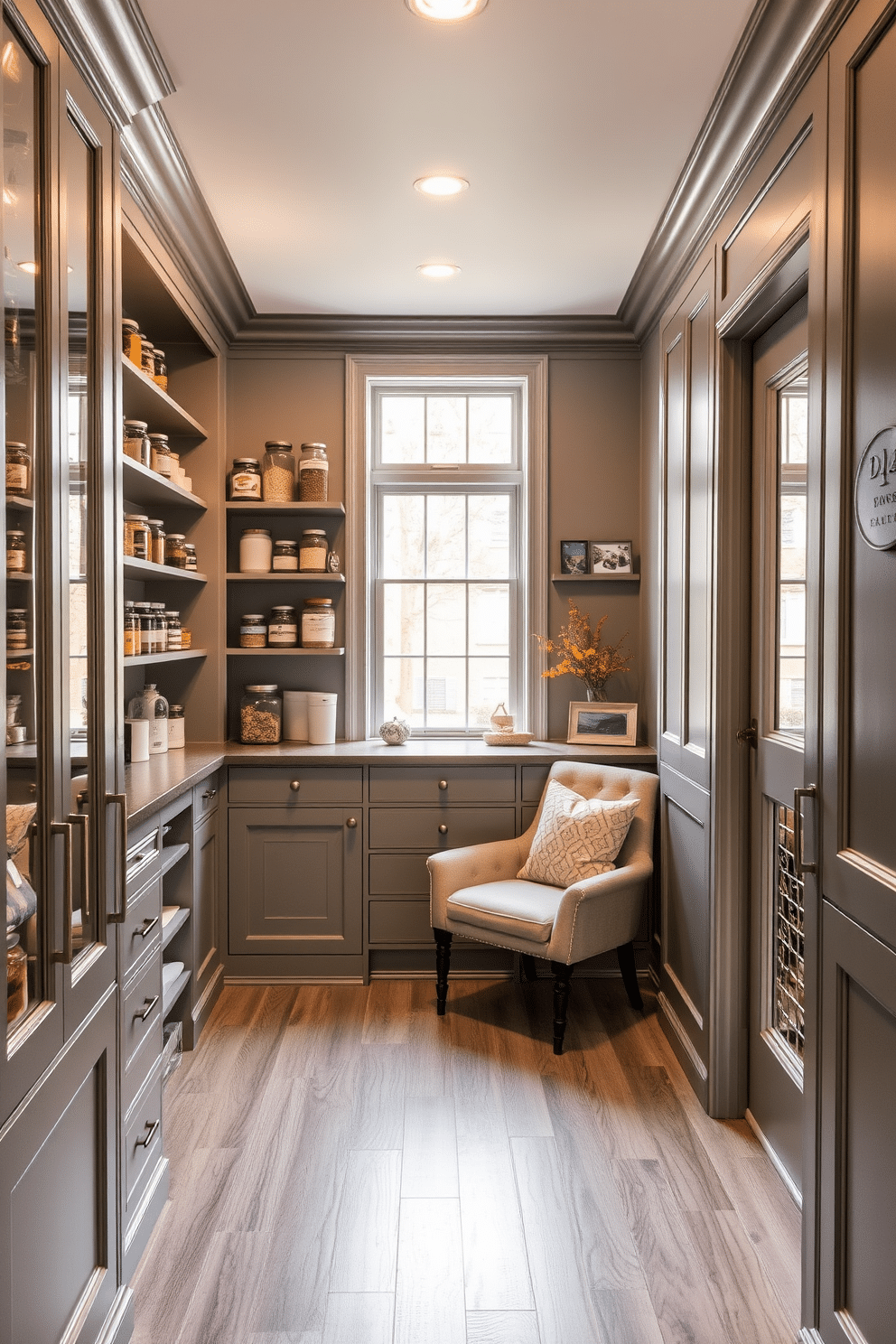 A cozy gray pantry featuring a comfortable reading nook with a plush armchair and a small side table. Soft, ambient lighting illuminates the space, creating a warm and inviting atmosphere. The pantry shelves are filled with neatly organized jars and containers, showcasing an array of spices and dry goods. A large window allows natural light to flood in, enhancing the serene gray tones of the cabinetry and decor.