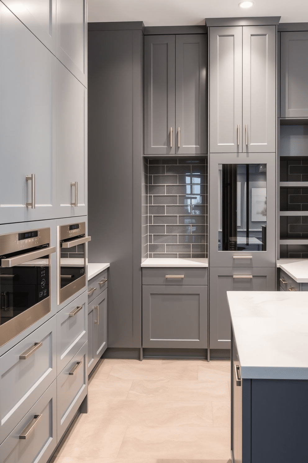 A sleek gray pantry features integrated appliances seamlessly built into the cabinetry, creating a streamlined look. The cabinetry is complemented by brushed metal handles and soft-close mechanisms, ensuring both functionality and elegance. The walls are adorned with subtle gray tiles that reflect light, enhancing the spacious feel of the pantry. A large, minimalist island in the center provides additional workspace, topped with a durable quartz surface for easy maintenance.