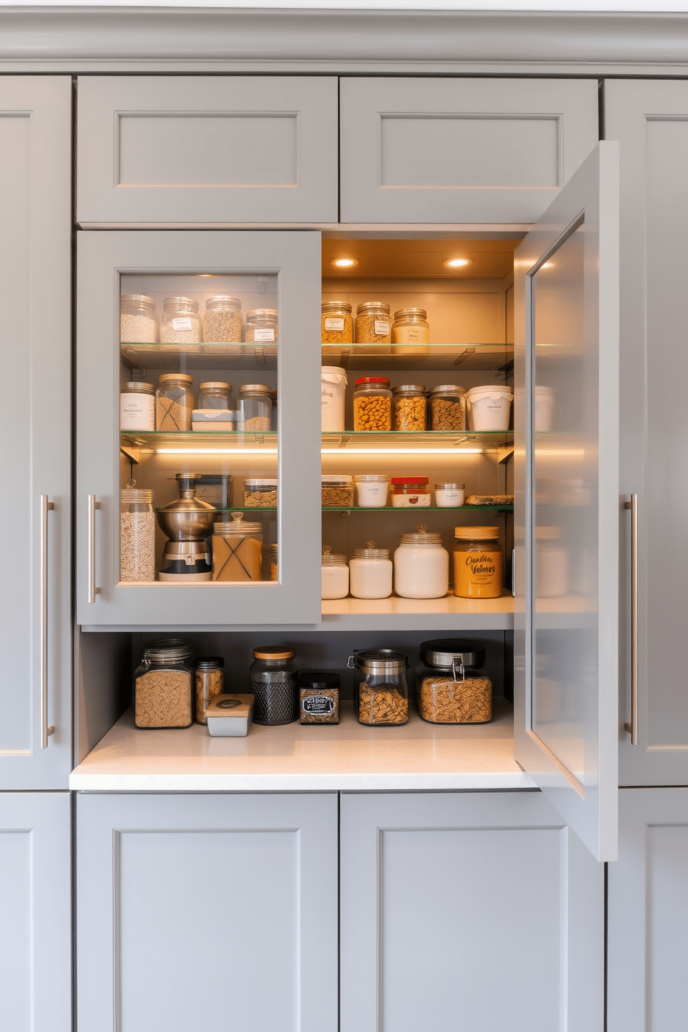 A sleek gray pantry features decorative glass inserts that allow for a glimpse of the organized shelves inside. The cabinetry is complemented by brushed nickel hardware, creating a modern and elegant aesthetic. Inside the pantry, neatly arranged jars and containers display a variety of dry goods, while a small countertop area offers space for meal prep. Soft, warm lighting illuminates the space, enhancing the inviting atmosphere.