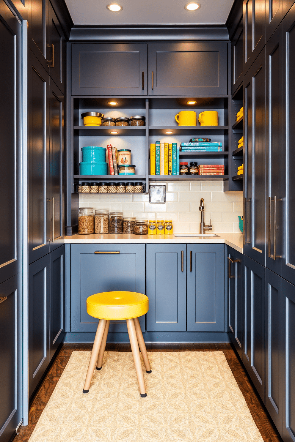 A bold gray pantry features sleek cabinetry with a matte finish, complemented by vibrant accents such as bright yellow and teal containers. The open shelving displays an array of colorful spices and cookbooks, while decorative lighting adds warmth to the space. The pantry floor is adorned with a geometric patterned rug that ties the color scheme together, creating a visually appealing focal point. A small, stylish stool in a contrasting hue provides a cozy spot for quick meal prep or coffee breaks.