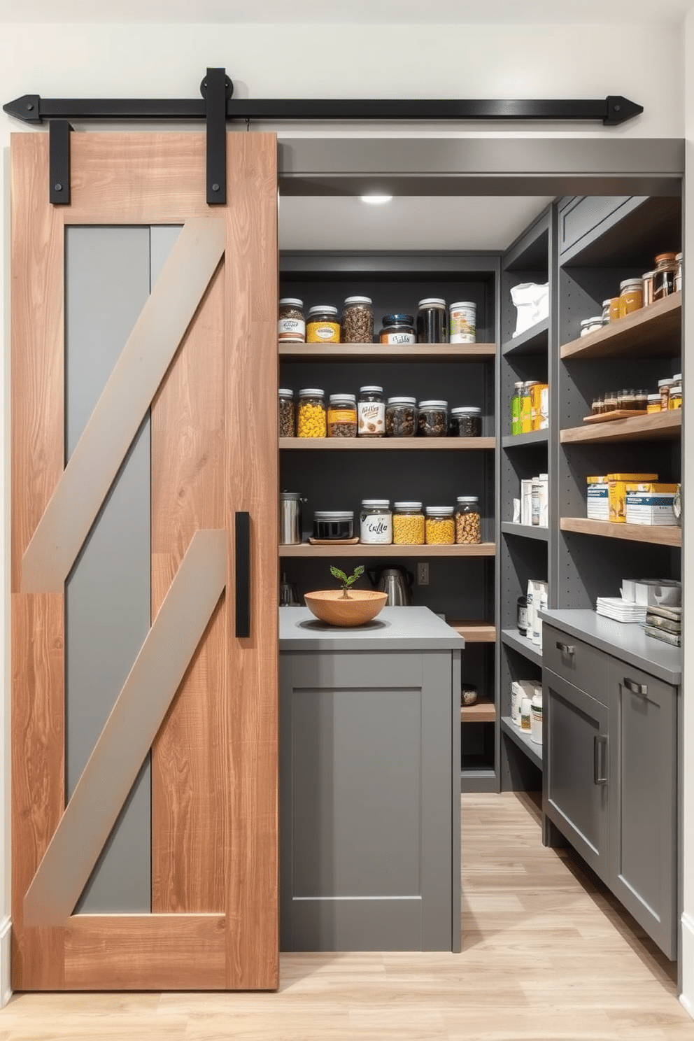 A modern gray pantry featuring a sliding barn door made of reclaimed wood. Inside, open shelving showcases neatly organized jars and containers, while a small island in the center offers additional workspace and storage.