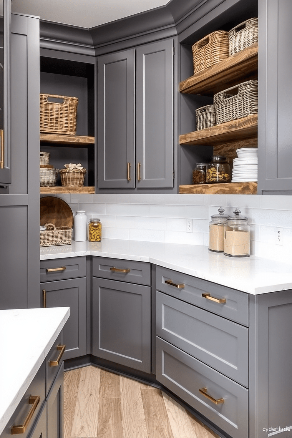 A transitional gray pantry featuring a blend of materials, with sleek gray cabinetry and open shelving made from reclaimed wood. The countertops are a polished white quartz, providing a striking contrast, while decorative baskets and jars add warmth and organization to the space.