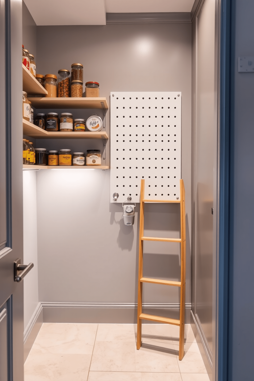 A modern gray pantry featuring a pegboard organizer on the wall, providing an efficient storage solution for kitchen essentials. The shelves are neatly arranged with jars and containers, while a small wooden ladder leans against the wall for easy access to higher items. The floor is tiled with light-colored ceramic, enhancing the airy feel of the space. Accent lighting illuminates the pantry, highlighting the organized layout and creating a welcoming atmosphere.