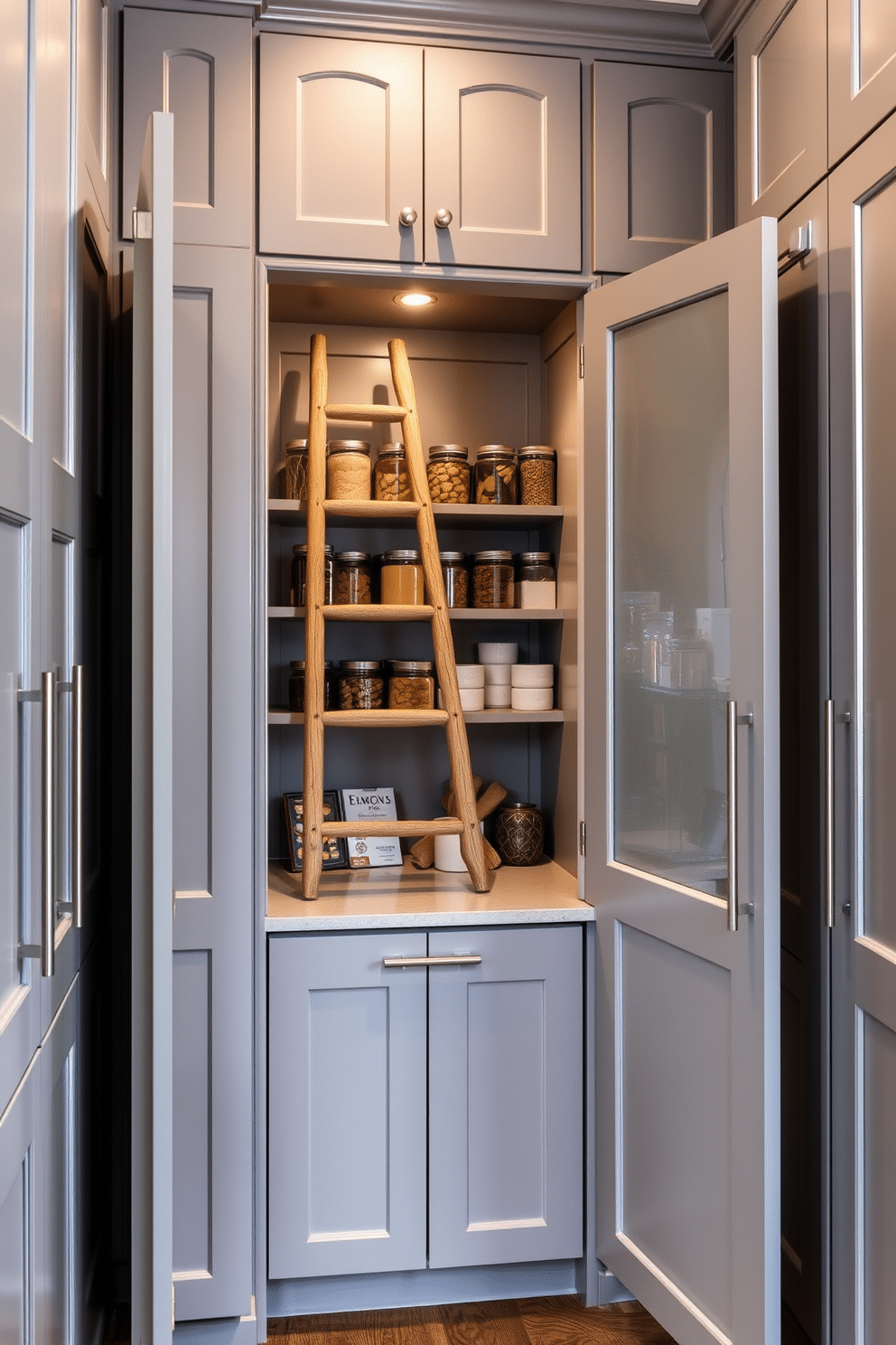 A stylish gray pantry features sleek cabinetry with a modern finish, complemented by brushed nickel hardware. A decorative wooden ladder leans against the shelves, providing easy access to neatly organized jars and cookbooks. Soft lighting illuminates the space, highlighting the elegant gray tones and creating a warm ambiance. Open shelving displays curated kitchen essentials, while a small countertop area offers a practical workspace for meal prep.