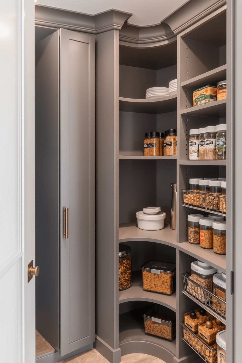 A functional gray pantry features a sleek design with ample shelving and a dedicated spice rack for easy access to herbs and seasonings. The walls are painted in a soft gray hue, complemented by warm wood accents and organized containers that enhance both style and efficiency.