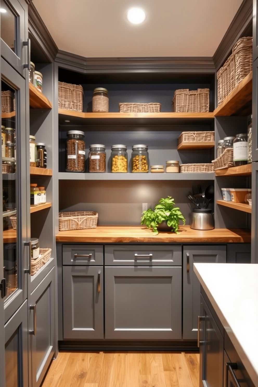 A stylish gray pantry featuring a rustic wooden countertop that adds warmth and character to the space. The shelves are filled with neatly organized jars and baskets, enhancing both functionality and aesthetic appeal. Soft, ambient lighting illuminates the pantry, highlighting the rich textures of the wood and the cool tones of the gray cabinetry. A small herb garden sits on the countertop, bringing a touch of nature indoors and providing fresh ingredients at your fingertips.