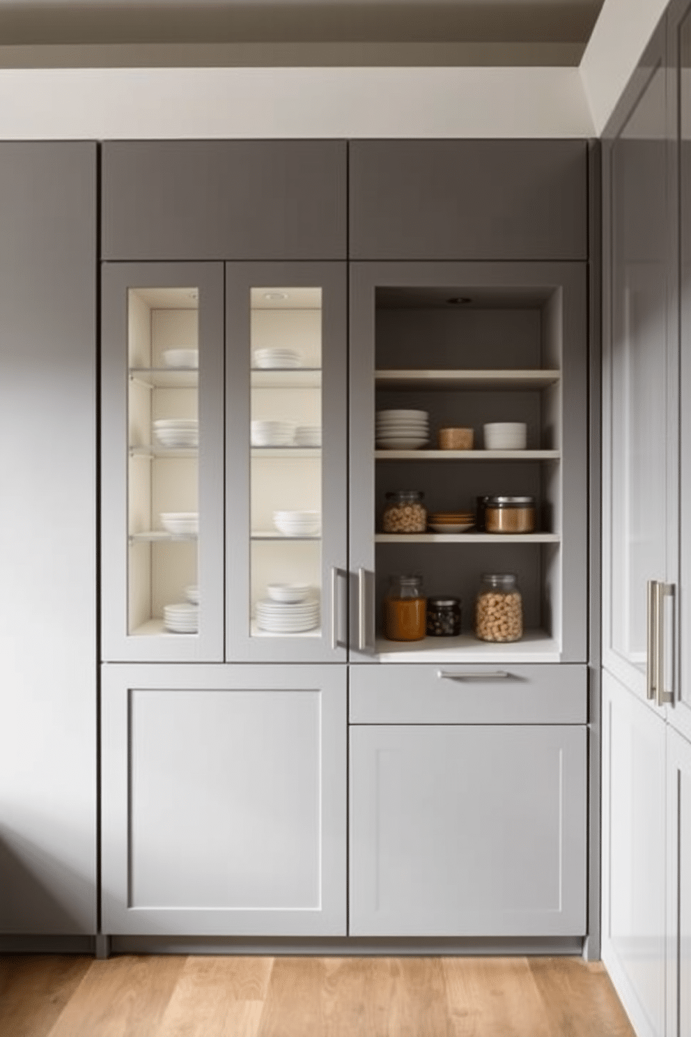 A minimalist pantry featuring sleek gray cabinetry with glass doors that showcase neatly organized shelves. Soft, ambient lighting highlights the clean lines and modern aesthetic, creating an inviting space for food storage and preparation.