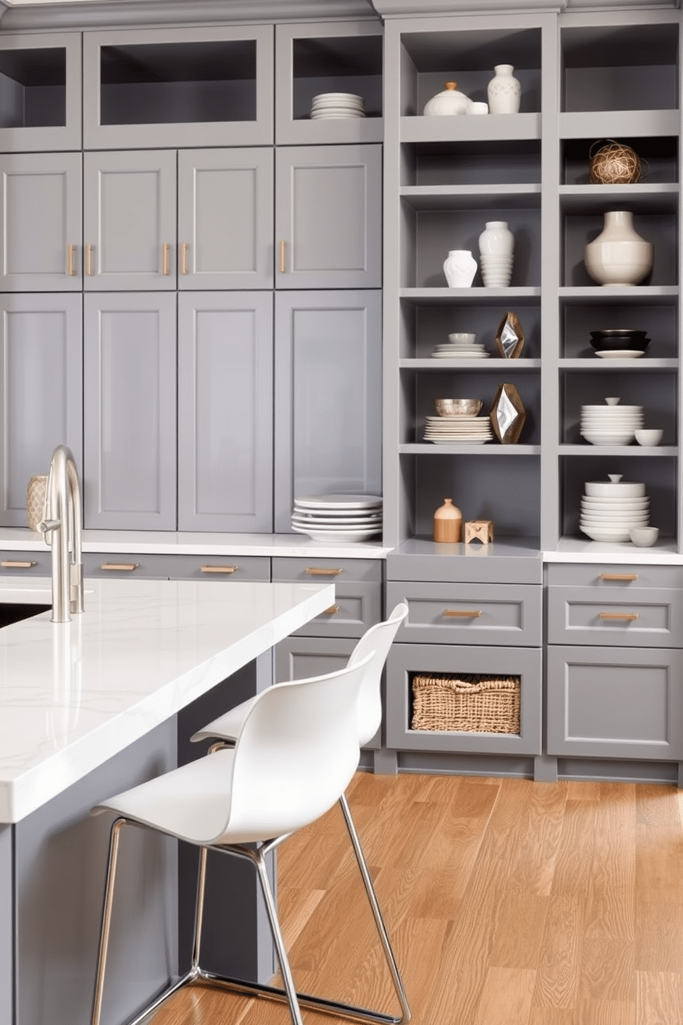 A modern gray pantry island features a spacious seating area with sleek bar stools, perfect for casual dining or entertaining. The island is complemented by a backdrop of open shelving displaying stylish kitchenware and decorative items.