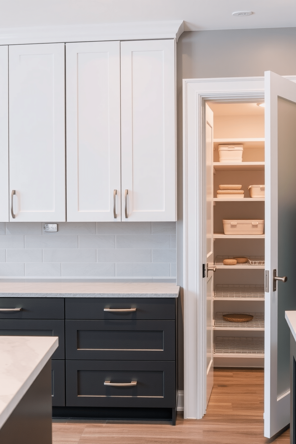 A modern kitchen featuring two-tone cabinetry in gray and white, with sleek lines and minimalist hardware. The upper cabinets are a crisp white, while the lower cabinets showcase a rich, dark gray, creating a striking contrast that enhances the space's elegance. To the right, a spacious pantry with custom shelving and organized storage solutions complements the cabinetry design. The pantry door is a frosted glass that allows natural light to filter in, adding an airy feel to the kitchen while keeping the contents neatly concealed.