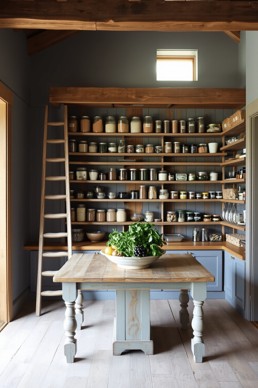 A rustic gray pantry with exposed wood beams creates a warm and inviting atmosphere. The shelves are crafted from reclaimed wood, displaying an array of jars filled with spices and grains, while a vintage ladder leans against the wall for easy access to the upper shelves. The walls are painted in a soft gray hue, accentuating the natural wood tones throughout the space. A farmhouse-style table sits in the center, adorned with fresh herbs and a rustic bowl of fruits, adding a touch of charm to this functional area.