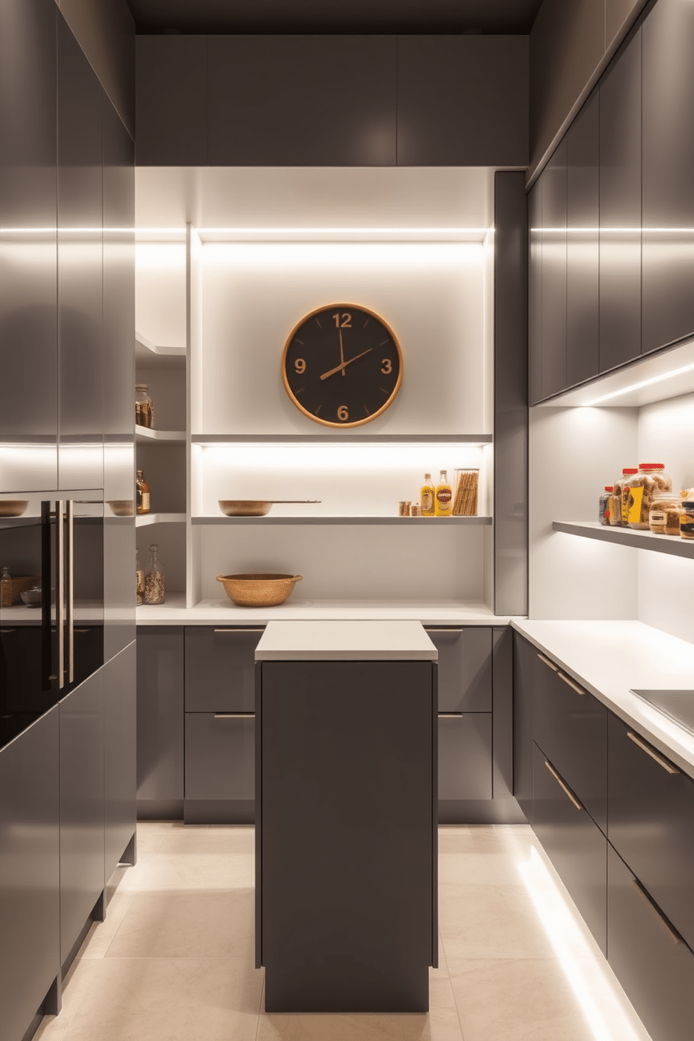 A sleek modern pantry featuring a minimalist design with gray cabinetry and integrated LED lighting that highlights the clean lines. The space includes open shelving for easy access to spices and snacks, complemented by a stylish island in the center for additional prep space.