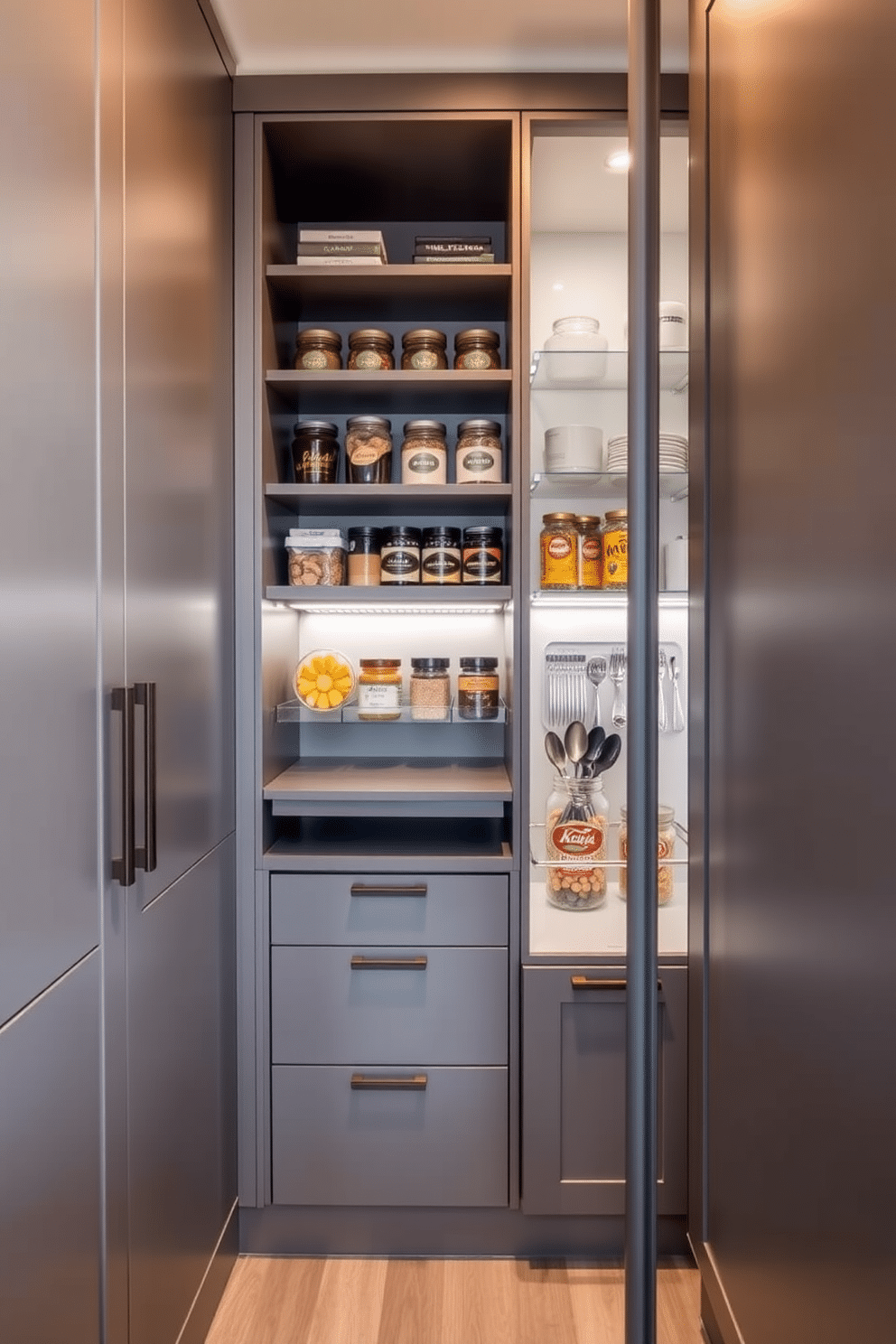 A compact gray pantry designed for small spaces features sleek cabinetry with a matte finish, maximizing storage while maintaining a minimalist aesthetic. The shelves are organized with clear containers and labeled jars, ensuring functionality and style in a limited area. The pantry includes a pull-out spice rack and a small countertop for meal prep, enhancing usability without compromising space. Soft LED lighting highlights the gray tones, creating a warm and inviting atmosphere perfect for any kitchen.