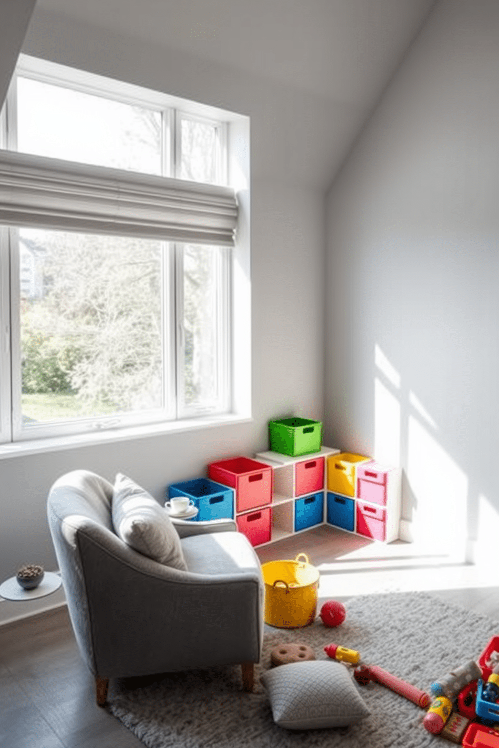 Cozy reading nook with gray cushions. A plush armchair is positioned near a large window, bathed in natural light, with a small side table holding a steaming cup of tea. Gray playroom design ideas. The walls are painted in a soft gray tone, complemented by colorful storage bins and a large rug that defines the play area, creating a cheerful and inviting space for children to explore their creativity.