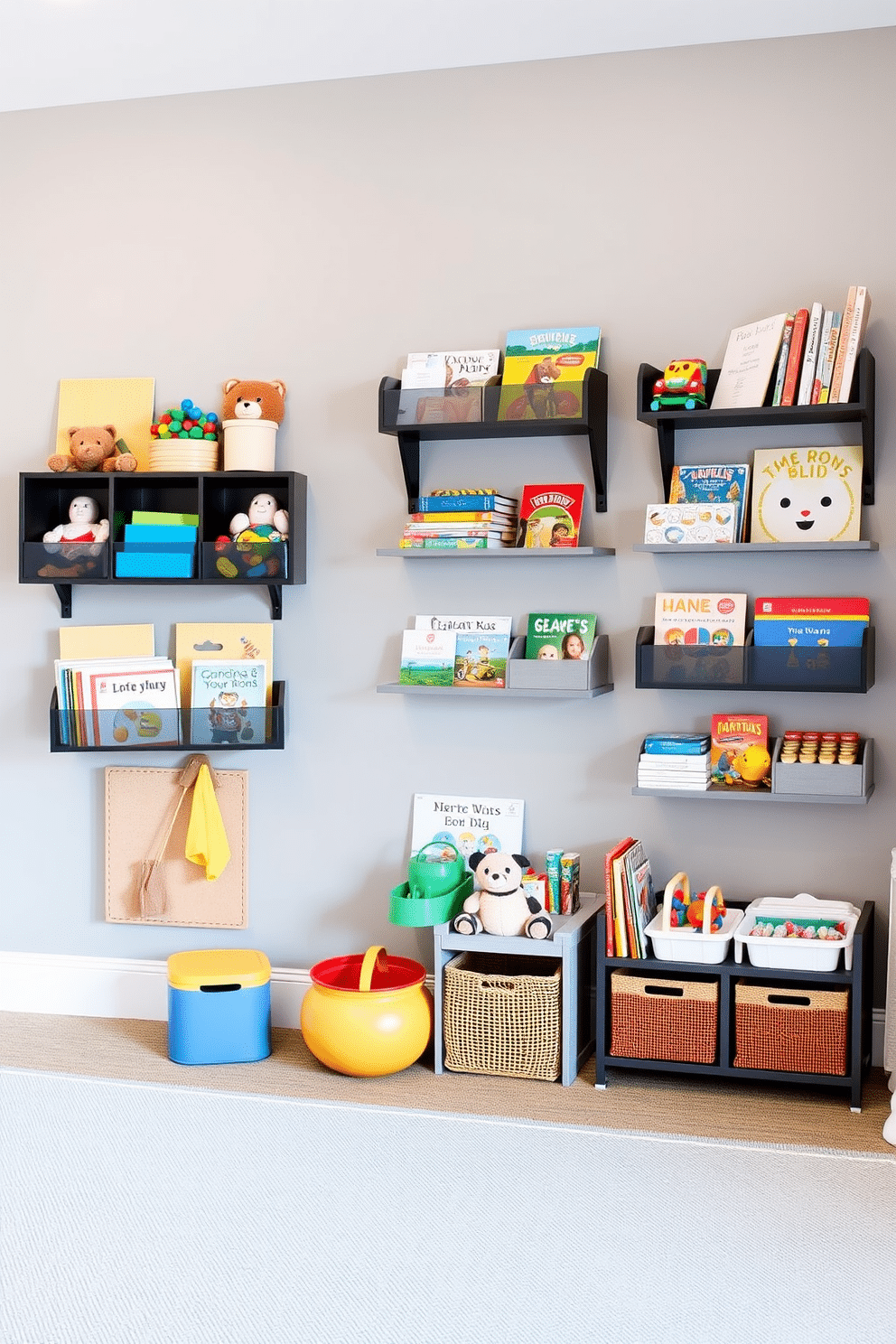 A modern playroom featuring wall-mounted storage solutions for toys and books, allowing for easy access and organization. The walls are painted in a soft gray hue, complemented by playful, colorful accents in the decor and furnishings.