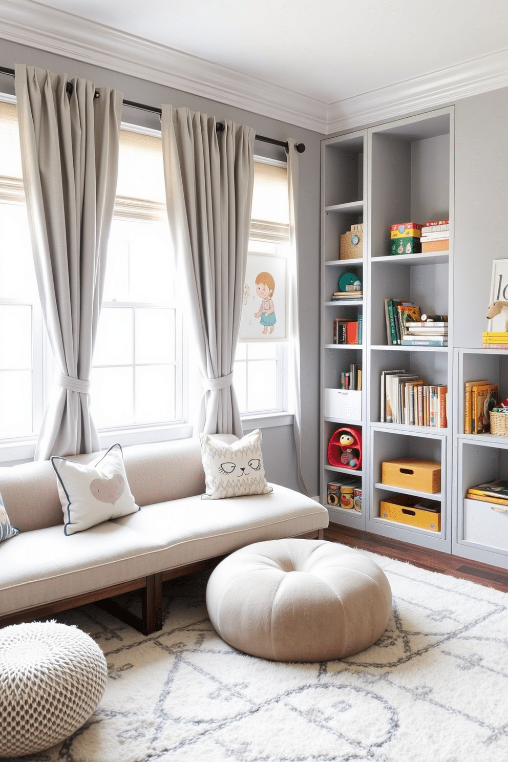 A cozy playroom designed in soft gray tones features plush seating and playful decor. The walls are adorned with whimsical art, and a soft area rug invites children to sit and play. The windows are dressed with soft gray curtains that filter natural light, creating a warm and inviting atmosphere. Shelving units filled with colorful toys and books add both functionality and charm to the space.