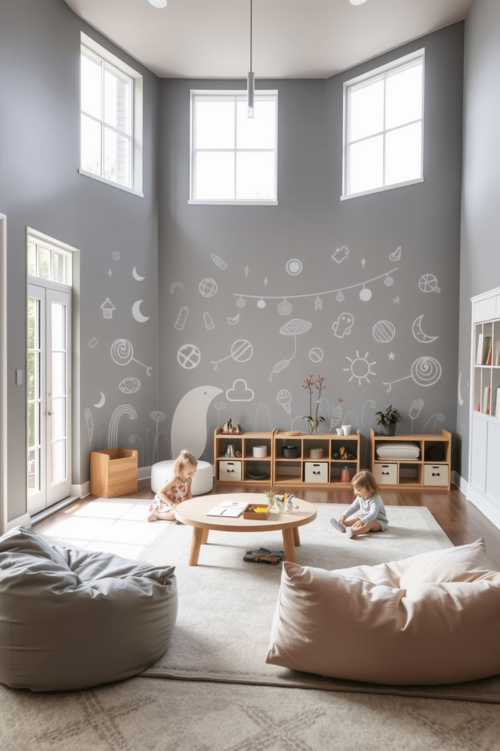 A playful gray playroom features an interactive wall mural that captivates children's imaginations. The mural showcases whimsical designs, encouraging creativity and engagement, while the soft gray tones create a calming atmosphere. The room is furnished with cozy seating options, including bean bags and a low table for arts and crafts. Natural light floods in through large windows, enhancing the inviting ambiance and highlighting the mural's vibrant details.