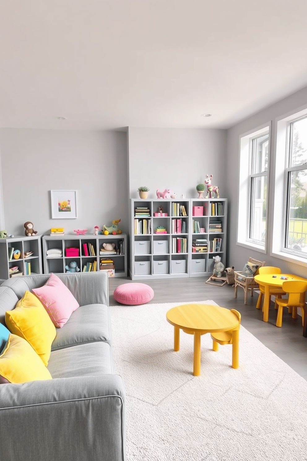 A playful gray playroom features a cozy seating area with a plush gray sofa adorned with vibrant, colorful pillows in shades of yellow, blue, and pink. The walls are painted in a soft pastel hue, and a large, soft area rug in a geometric pattern anchors the space, inviting children to play. In one corner, a low gray bookshelf is filled with an array of toys and books, while a small art station with a bright yellow table and chairs encourages creativity. Natural light floods the room through large windows, creating a cheerful and inviting atmosphere for play and learning.