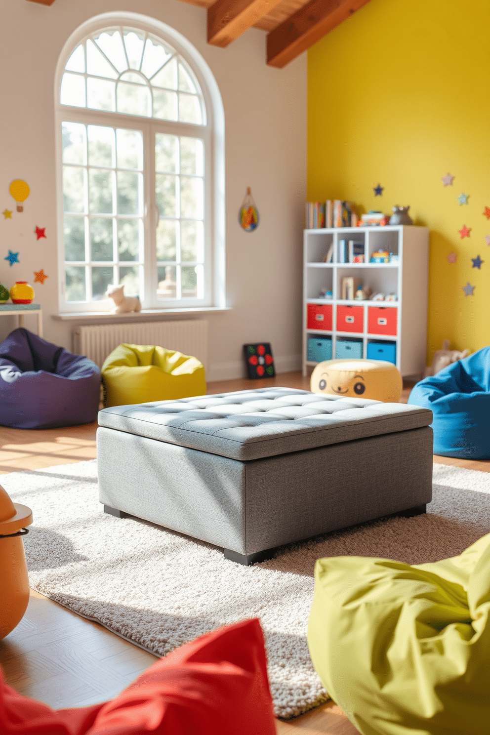 A multi-functional gray ottoman sits in the center of a vibrant playroom, providing ample storage space for toys and games. Surrounding the ottoman, colorful bean bags and a soft area rug create a cozy atmosphere, inviting children to play and relax. The playroom features playful wall decals in bright colors, enhancing the cheerful environment. Natural light streams in through large windows, illuminating the space and highlighting the gray ottoman's sleek design.