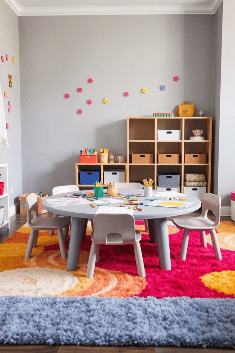 A modern playroom designed around a gray play table, scattered with colorful art supplies including crayons, markers, and sketch pads. The walls are painted in a soft gray hue, complemented by playful wall decals and a plush area rug in vibrant colors.