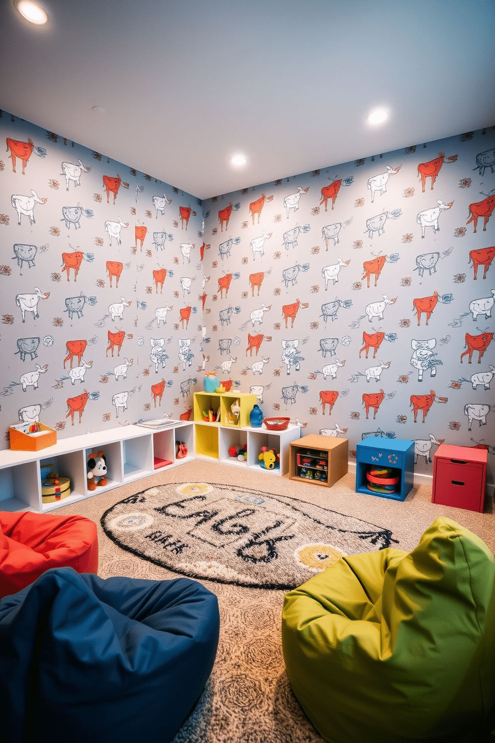 A fun gray playroom features whimsical wallpaper adorned with playful designs, creating an engaging atmosphere for children. The room is filled with colorful furniture, including a soft rug and bean bags, inviting creativity and play.