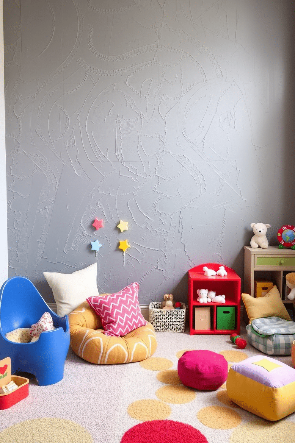 A playful playroom featuring a textured gray wall that adds depth and visual interest. The room is filled with colorful, soft furnishings and playful decor, creating an inviting and imaginative space for children to explore and enjoy.