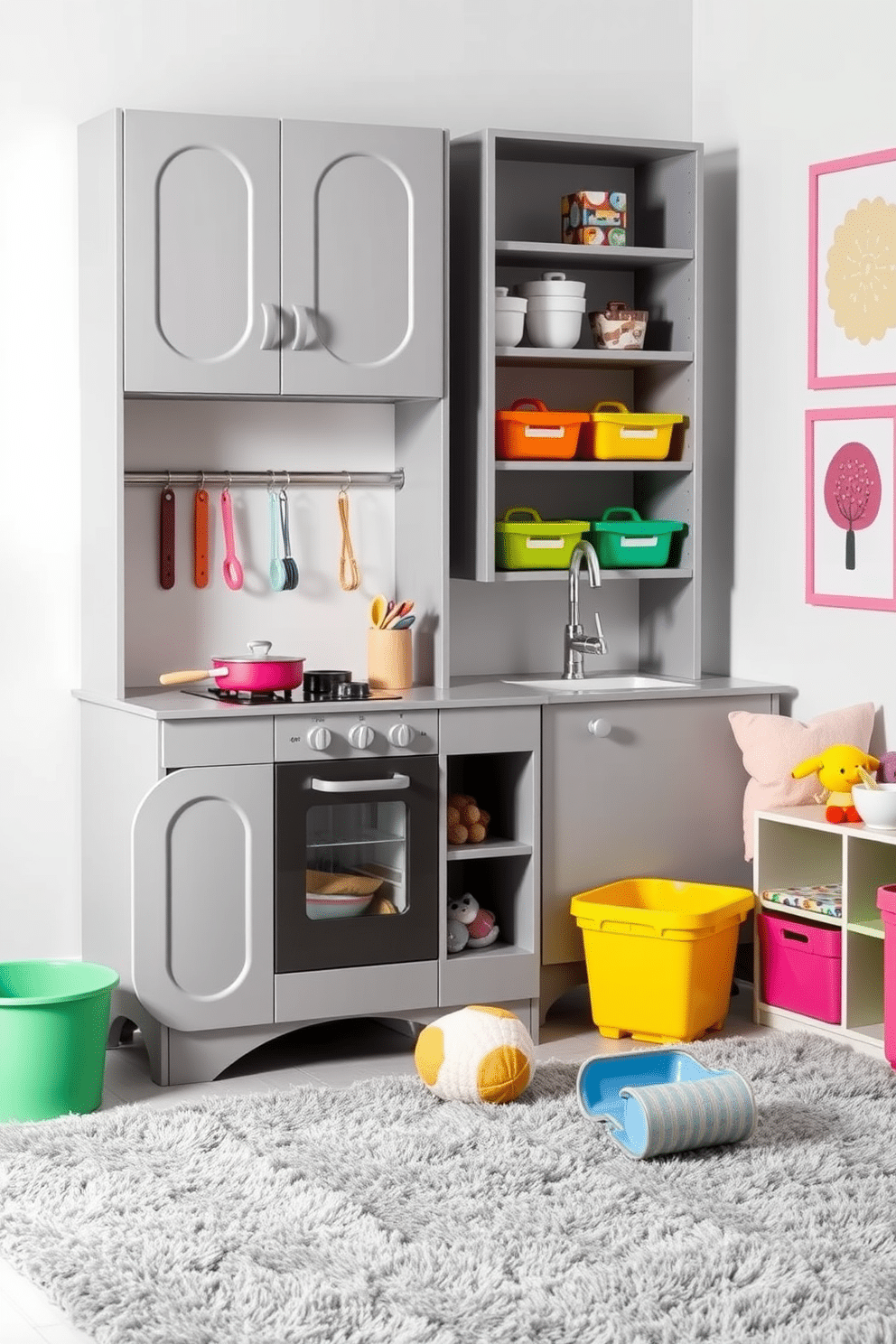 A modern gray play kitchen designed for imaginative role-playing, featuring a sleek gray cabinetry with rounded edges, a miniature stove with knobs, and a faux oven door. The countertop is adorned with playful accessories like colorful pots and pans, while a small sink adds to the realistic feel, all set against a light gray wall for a cohesive look. A cozy gray playroom filled with soft furnishings and playful decor, including a plush gray rug that invites children to sit and play. Brightly colored storage bins and shelves organize toys, while wall art featuring cheerful designs brings a sense of fun and creativity to the space.