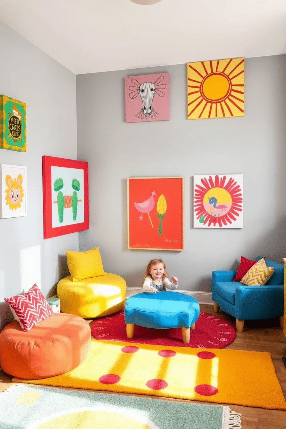 A vibrant playroom features bright, colorful artwork that contrasts beautifully with the soft gray walls, creating an inviting atmosphere for children. The playful art pieces are strategically placed to inspire creativity and joy, enhancing the overall design of the space. The room is filled with comfortable seating options in cheerful colors, providing a cozy area for play and relaxation. Soft rugs in playful patterns cover the floor, adding warmth and texture to the gray backdrop.