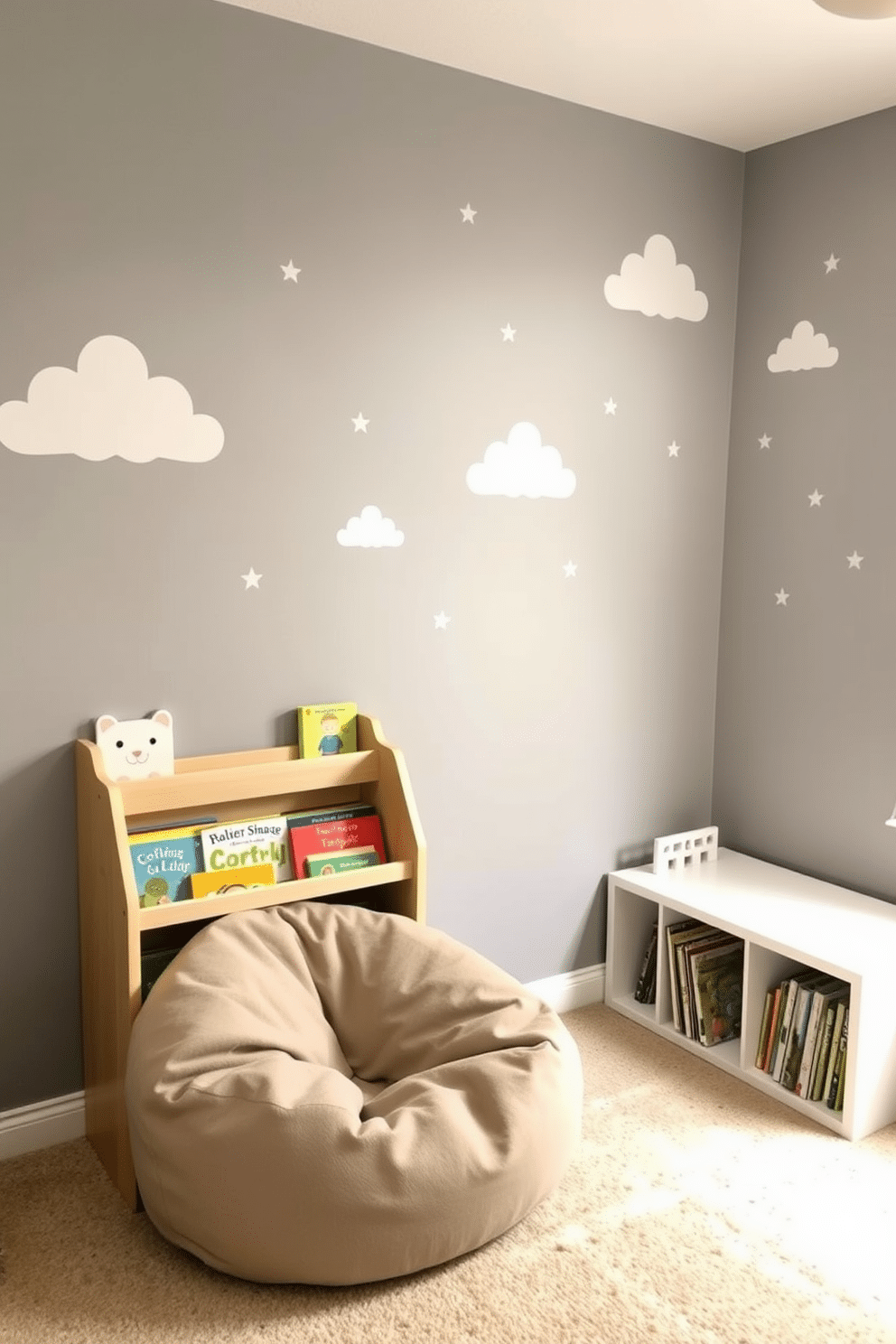 A playful playroom featuring soft gray walls adorned with whimsical wall decals of clouds and stars. The space includes a cozy reading nook with a plush bean bag chair and a low, colorful bookshelf filled with children's books.