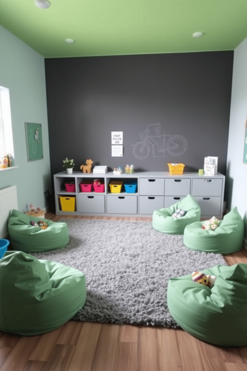 A playful and modern playroom featuring a gray and mint green color scheme. The walls are painted in a soft mint green, with one accent wall in a darker gray, creating a soothing yet vibrant atmosphere. In the center, a large, plush gray rug invites children to sit and play, surrounded by mint green bean bags and colorful storage bins. A low gray shelving unit displays toys and books, while a mint green chalkboard wall offers a creative space for drawing and writing.