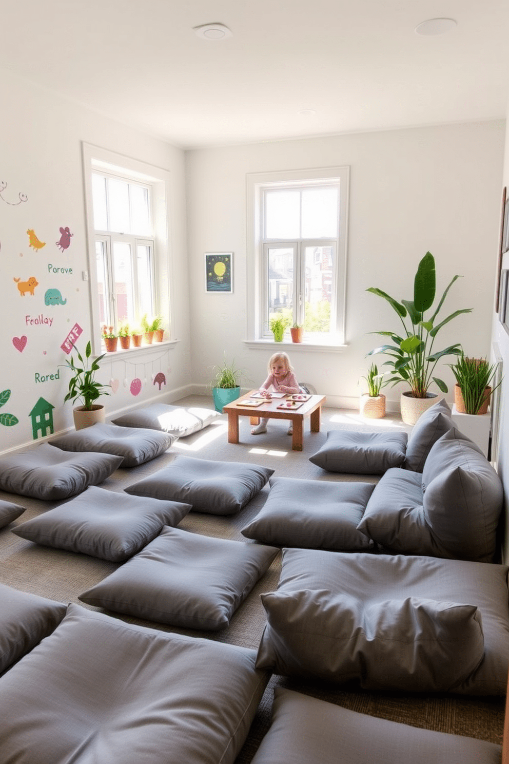 A playful playroom featuring flexible seating with soft gray floor cushions scattered across the floor. The walls are adorned with colorful artwork and playful decals, creating an inviting atmosphere for children to relax and play. In one corner, a low wooden table is surrounded by the cushions, providing a cozy space for crafts and games. Natural light floods the room through large windows, enhancing the cheerful ambiance with a touch of greenery from potted plants placed strategically around the space.