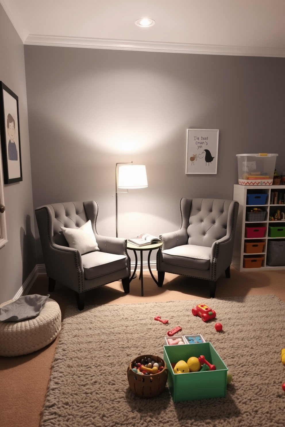 A cozy reading corner featuring two elegant gray accent chairs positioned around a small, round side table. Soft, ambient lighting from a nearby floor lamp creates a warm atmosphere, inviting relaxation and enjoyment of a good book. A playful gray playroom designed with soft, textured rugs and colorful storage bins. The walls are adorned with whimsical art, and a variety of toys are neatly organized, promoting both fun and creativity in the space.