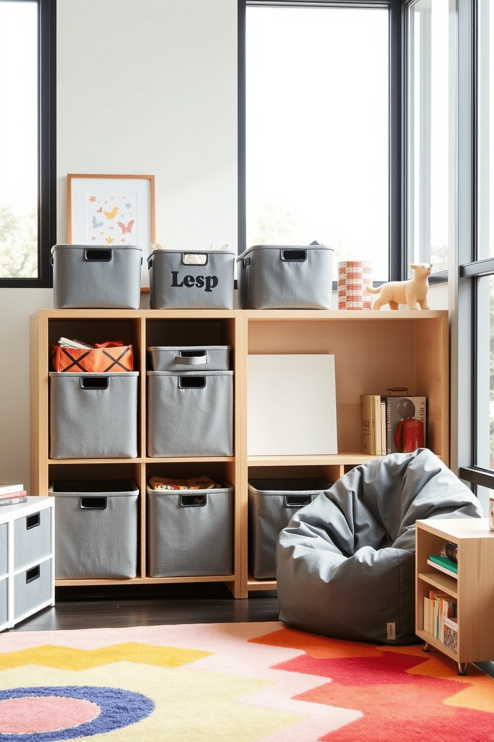 A modern playroom featuring stylish gray storage bins for organization. The bins are neatly arranged on open shelves, complemented by playful wall art and a soft area rug in vibrant colors. The room is designed with a cozy reading nook, complete with a comfortable bean bag chair and a small bookshelf. Large windows allow natural light to flood the space, creating an inviting atmosphere for play and creativity.