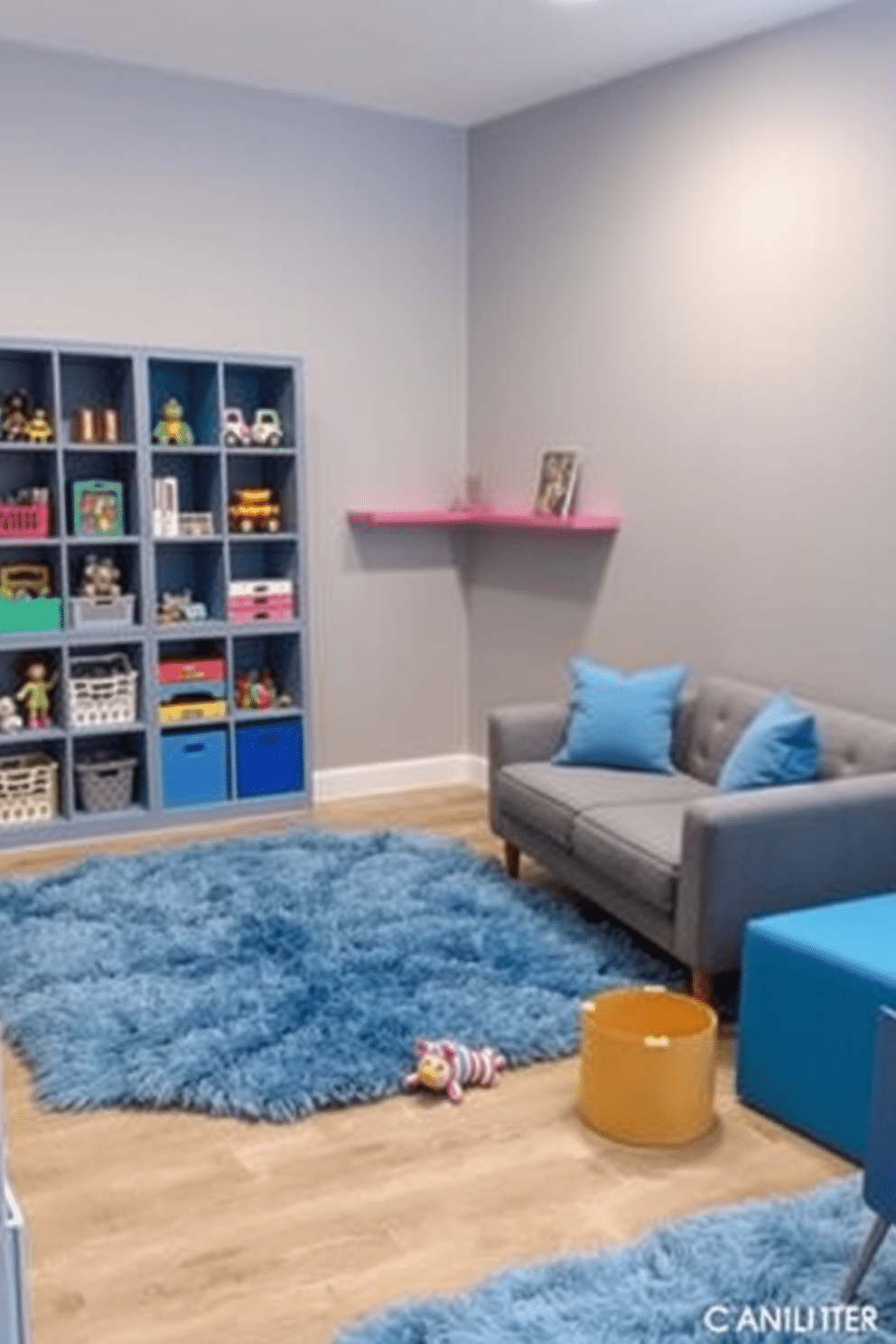 A cozy play area designed with a gray and blue color palette. The walls are painted a soft gray, and plush blue rugs cover the floor, creating a comfortable space for children to play. In one corner, there’s a stylish gray sofa adorned with blue cushions, providing a cozy seating area. Brightly colored shelves display an array of toys and books, adding a playful touch to the room.