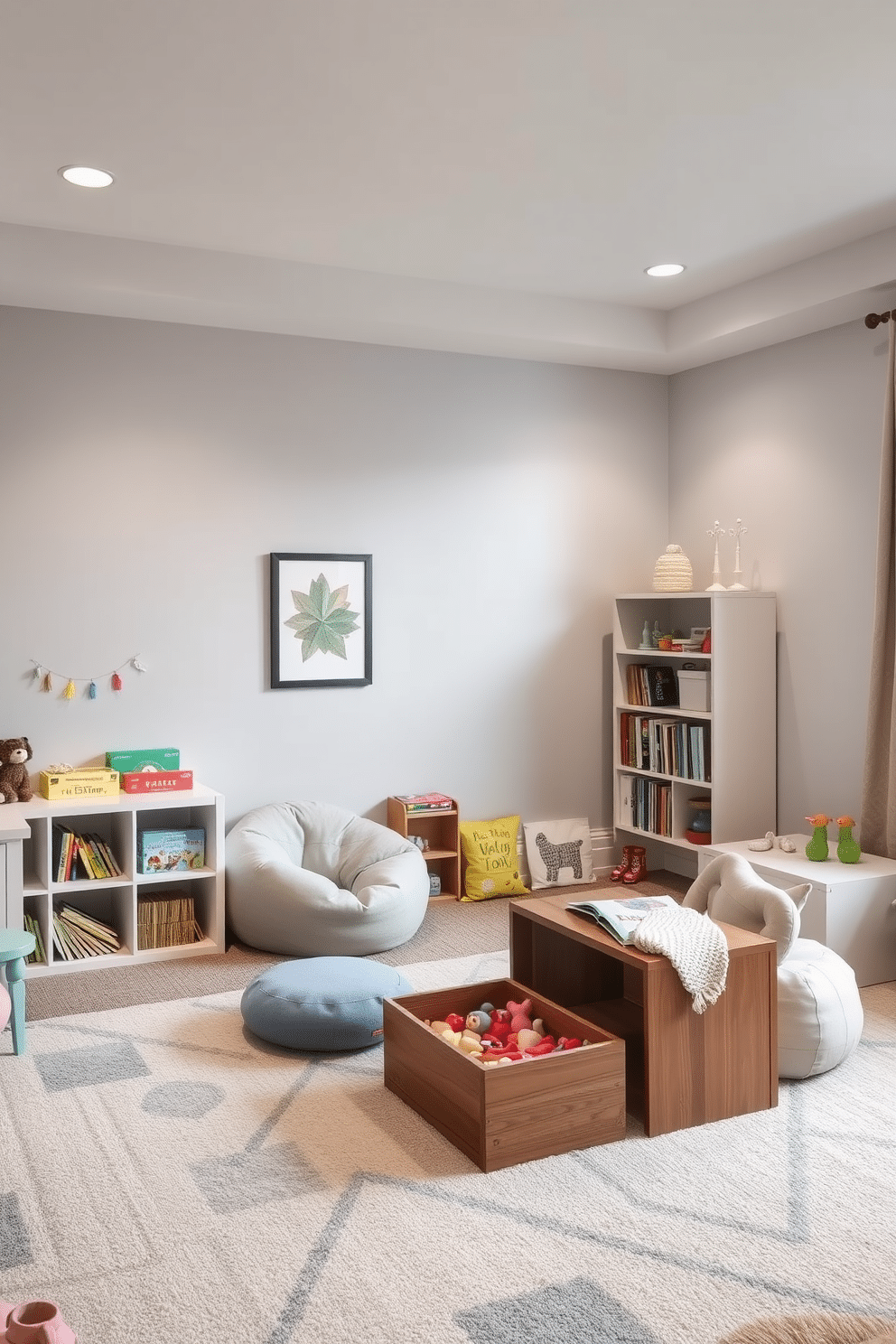 A serene playroom designed with soft gray lighting creates a calming atmosphere for children. The walls are painted in a light gray hue, complemented by playful, colorful accents in the decor and furnishings. The room features a cozy reading nook with plush bean bags and a low bookshelf filled with children's books. A soft, textured rug in shades of gray and pastel colors provides a comfortable play area for toys and games.