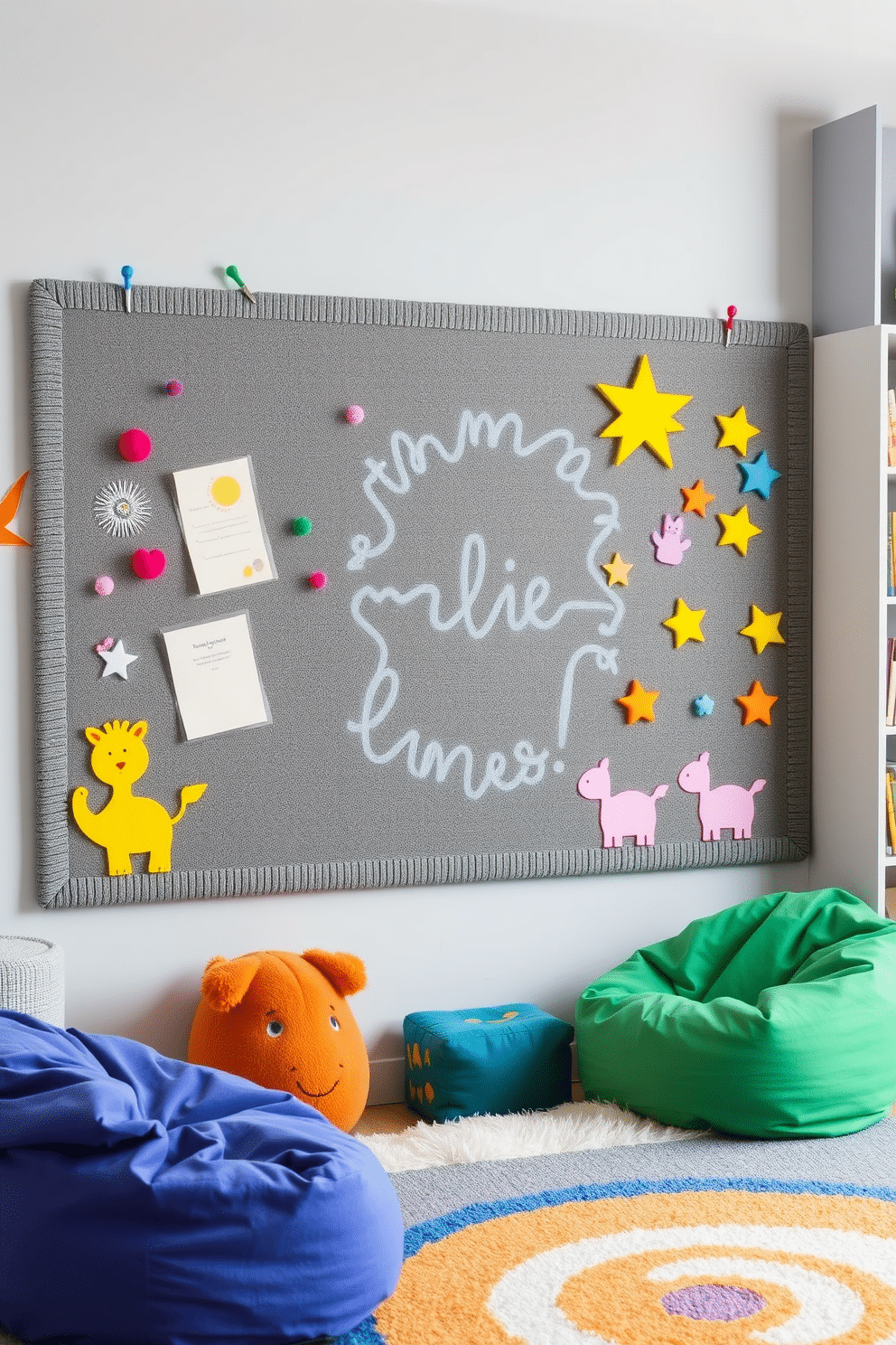 A creative gray bulletin board for kids features a textured fabric surface with colorful pushpins and fun, whimsical shapes cut out from felt. Surrounding the board are playful wall decals of animals and stars, making it an engaging focal point in the room. The gray playroom design incorporates soft, plush rugs and bean bag chairs in vibrant colors to create a cozy and inviting atmosphere. Walls are painted in a light gray shade, complemented by bright artwork and shelving filled with toys and books to inspire creativity.