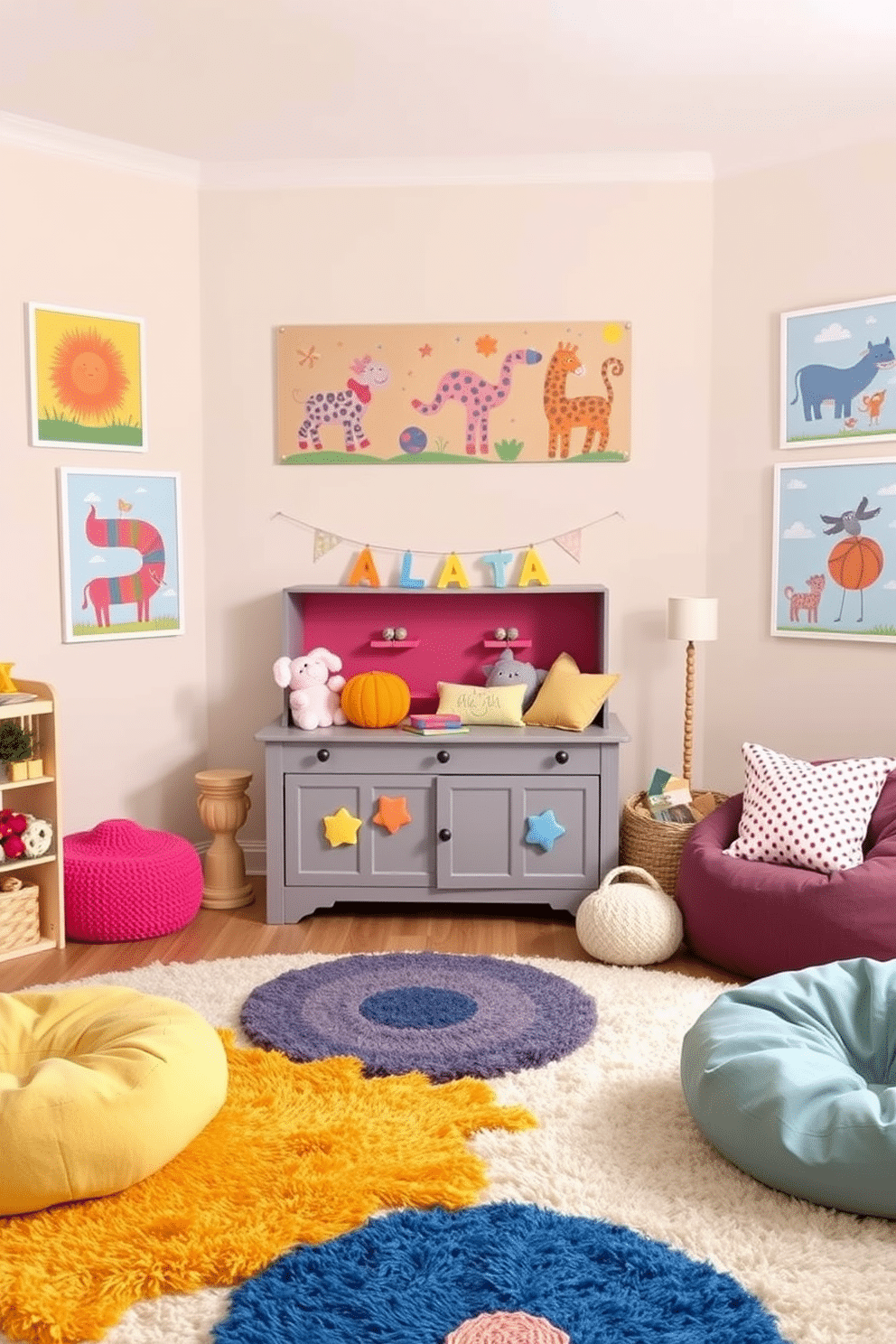 A cozy playroom designed around a gray toy chest with colorful accents. The walls are painted in a soft pastel hue, and plush rugs scatter across the floor, creating a warm and inviting atmosphere. Brightly colored artwork adorns the walls, featuring playful themes that inspire creativity. A comfortable seating area with bean bags and cushions invites children to relax and engage in imaginative play.