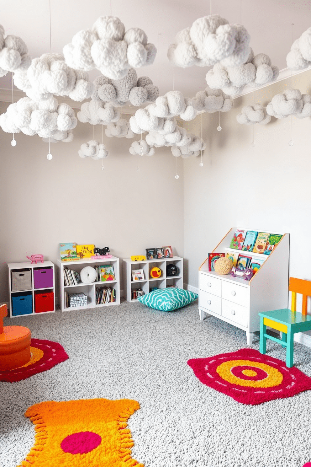 A playful playroom filled with whimsical gray cloud decorations hanging from the ceiling creates a dreamy atmosphere. The walls are painted in a soft pastel hue, complementing the plush gray carpet that invites children to play. In one corner, a cozy reading nook features oversized cushions and a small bookshelf filled with colorful storybooks. Brightly colored rugs and playful furniture pieces add splashes of color, making the space inviting and fun for kids.