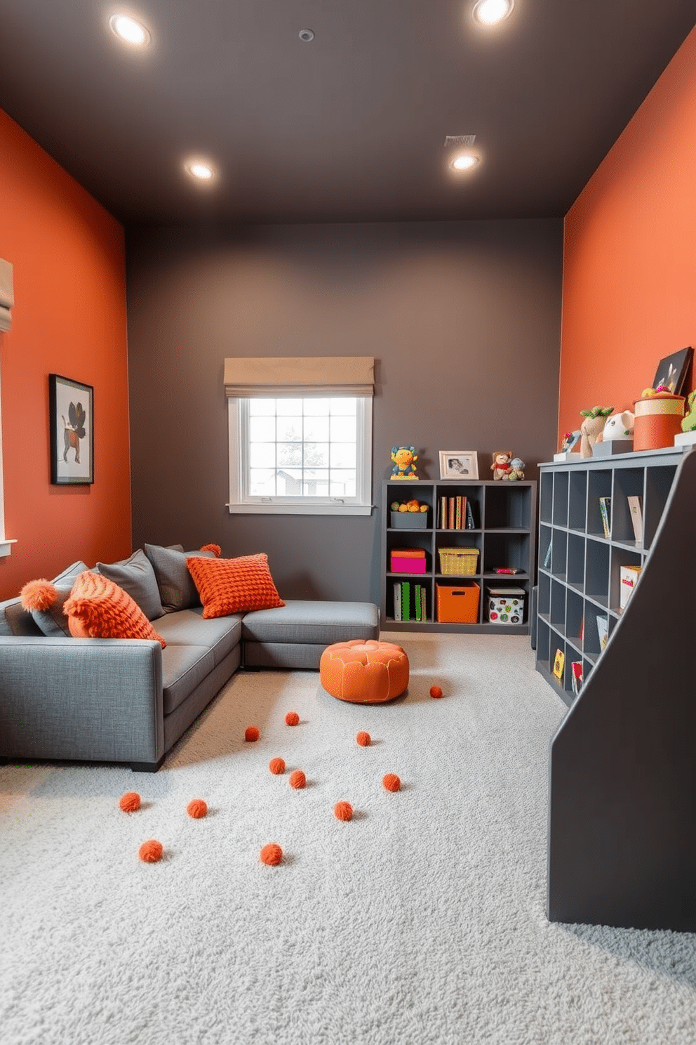 A playful gray playroom features a soft gray carpet and walls adorned with vibrant orange accents. Plush orange cushions scatter across a gray sectional sofa, while a stylish gray bookshelf holds colorful toys and books.