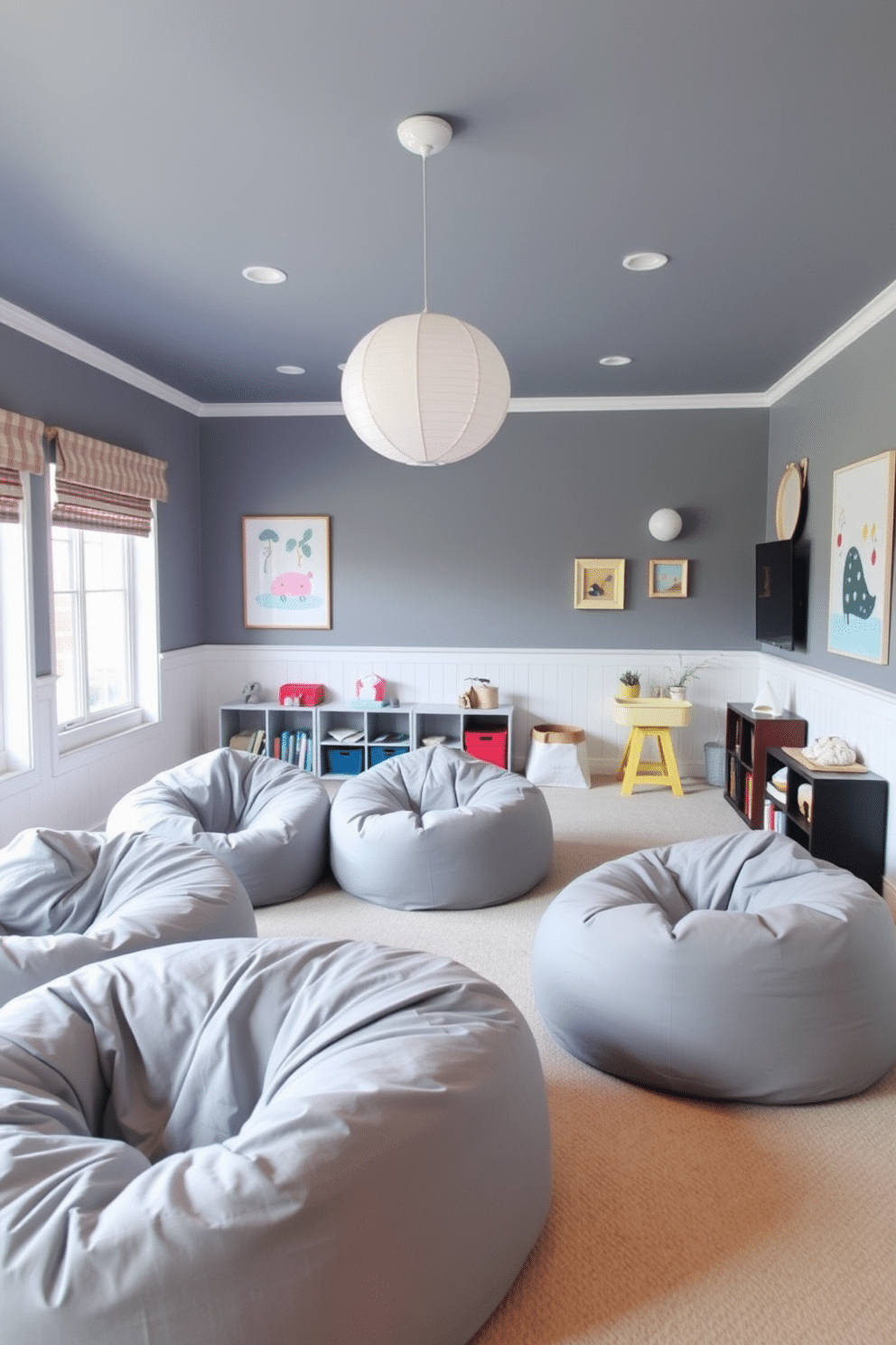 A playful and inviting gray playroom featuring oversized gray bean bags arranged in a cozy seating area. The walls are painted in a soft pastel hue, complemented by colorful artwork and playful decor, creating a fun and stimulating environment for children.