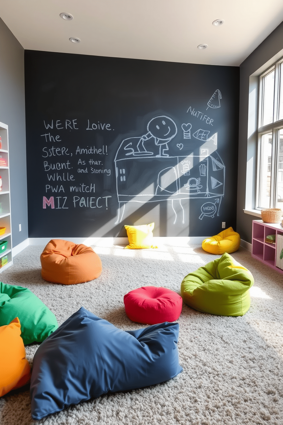 A playful gray playroom features a large chalkboard wall that invites creativity and artistic expression. The floor is covered with soft, plush carpeting, providing a cozy area for children to sit and play. Bright, colorful bean bags and cushions are scattered throughout the room, adding comfort and vibrancy. Natural light floods in through large windows, illuminating the space and enhancing the cheerful atmosphere.