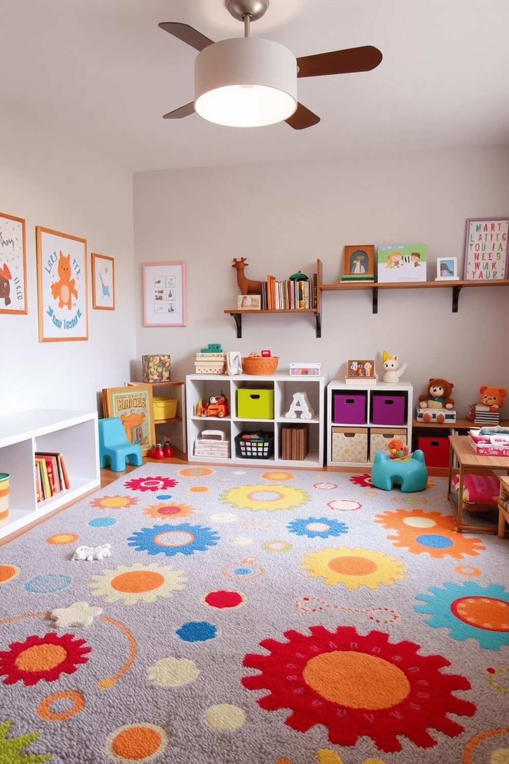 A cozy playroom featuring a soft gray rug adorned with vibrant, colorful patterns that stimulate creativity and play. The walls are painted in a cheerful pastel shade, complemented by playful artwork and shelving filled with toys and books.