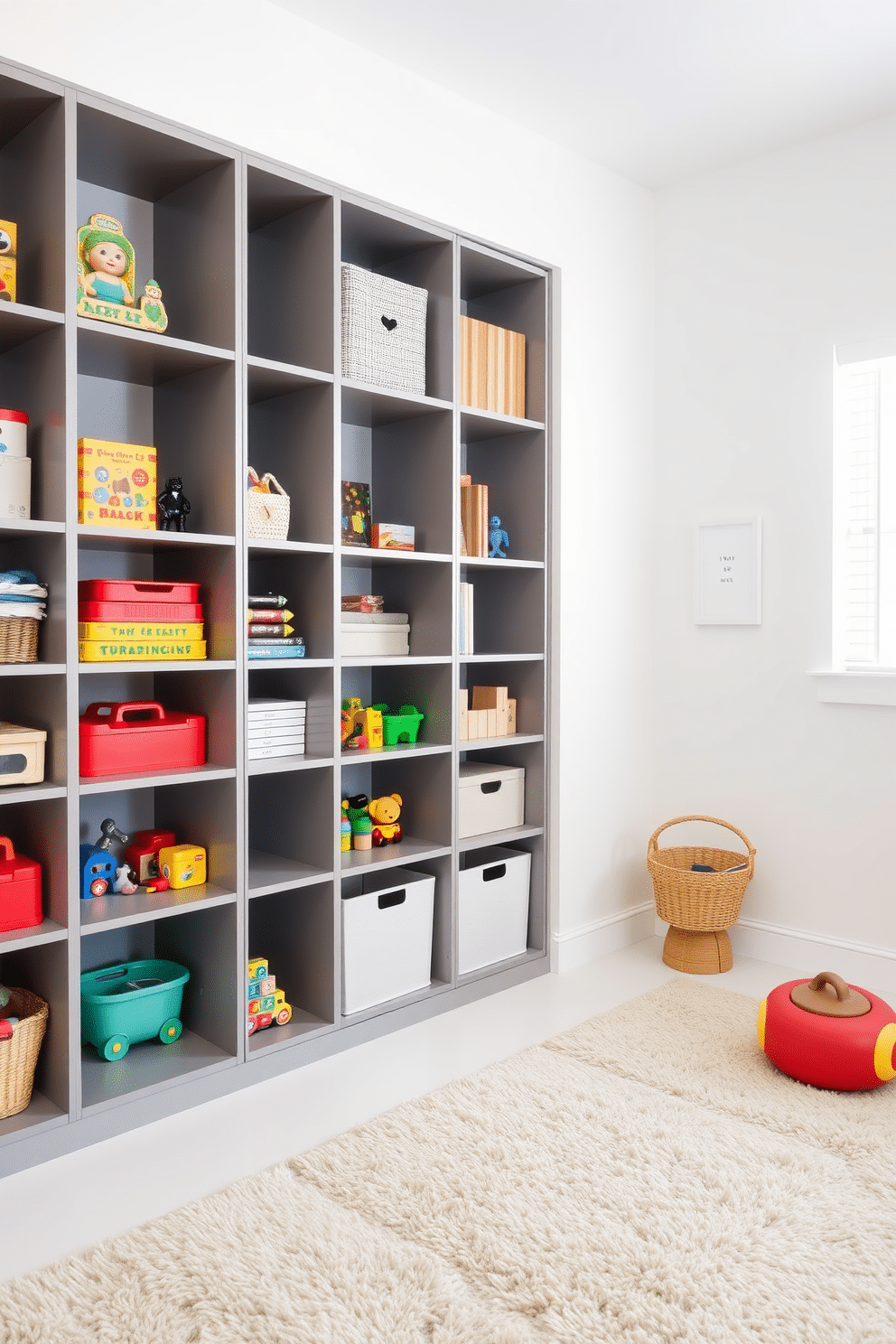 A minimalist playroom featuring sleek gray shelving designed specifically for organizing toys. The walls are painted in a soft white, creating a bright and airy atmosphere, while a plush area rug adds warmth to the space.