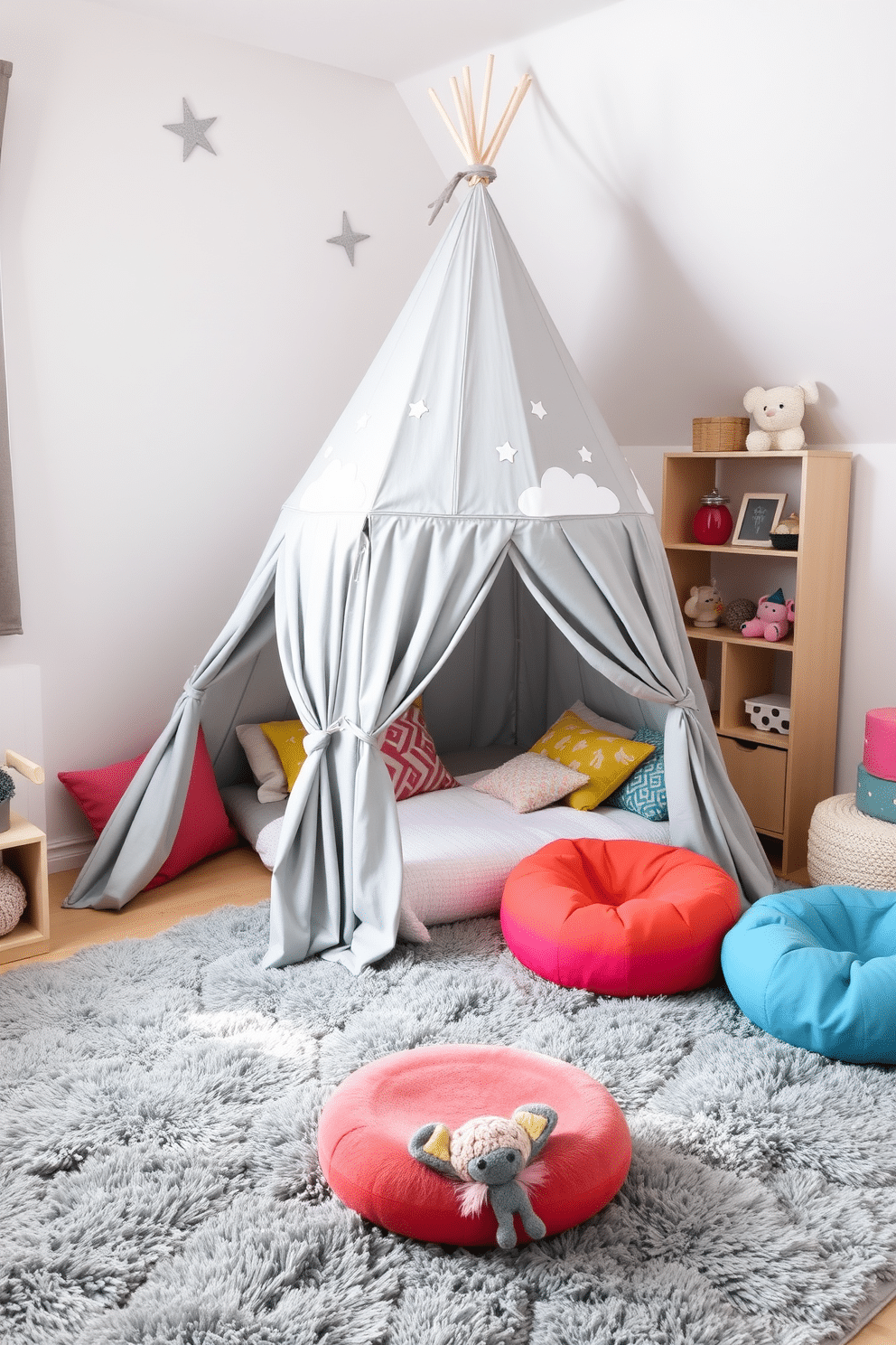 A cozy playroom featuring a gray play tent designed for imaginative adventures. The tent is adorned with whimsical stars and clouds, creating a dreamy atmosphere for children to explore their creativity. The playroom is filled with soft, plush rugs in various shades of gray, providing a comfortable space for play. Brightly colored cushions and bean bags are scattered around, inviting kids to relax and enjoy their imaginative games.